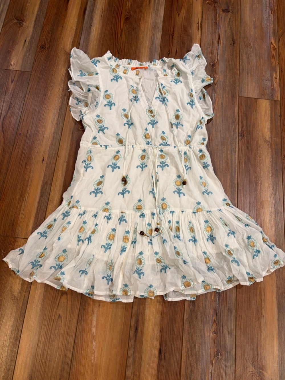 Oliphant White Mini Dress with Teal and Gold Floral Print